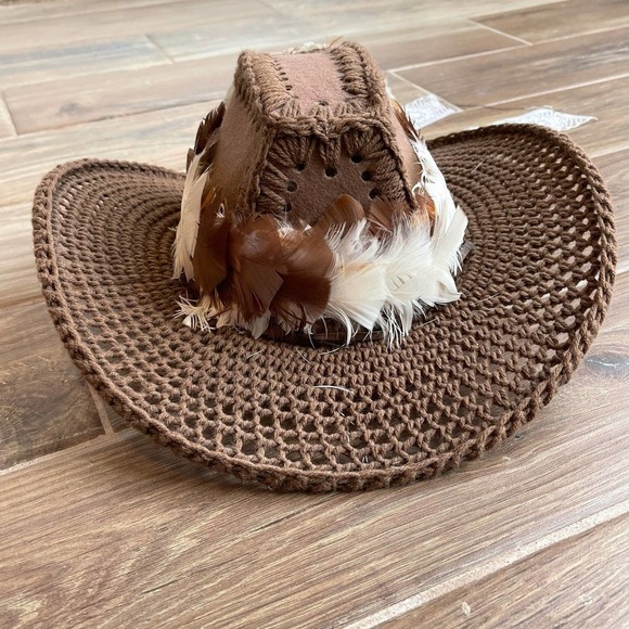 Vintage Handmade Crochet Feathers And Lace Hat Brown Women\'s OS main image 5